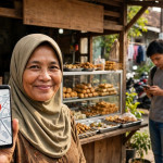 Ilustrasi pemilik warung memegang ponsel berisi peta digital dengan pin lokasi di depan warungnya