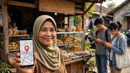 Ilustrasi pemilik warung memegang ponsel berisi peta digital dengan pin lokasi di depan warungnya