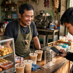 Ilustrasi pembeli membayar dengan QRIS di sebuah warung kopi