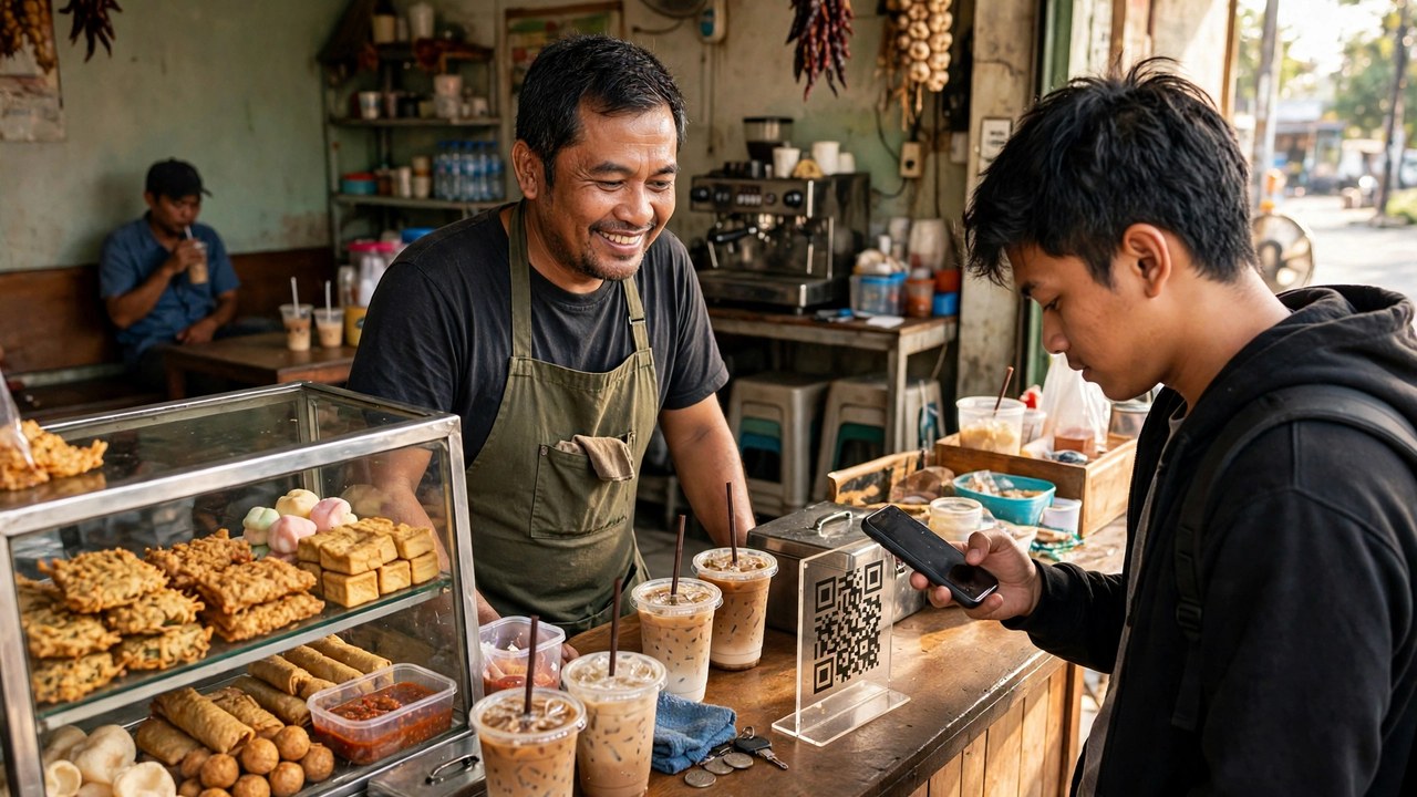 Ilustrasi pembeli membayar dengan QRIS di sebuah warung kopi