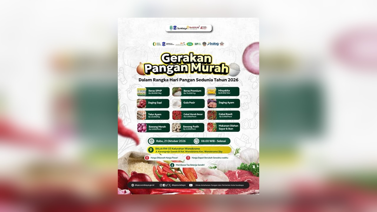 Poster resmi Gerakan Pangan Murah dalam rangka Hari Pangan Sedunia 2026 yang digelar DKPP Kota Surabaya, memuat daftar harga bahan pokok di bawah harga pasar
