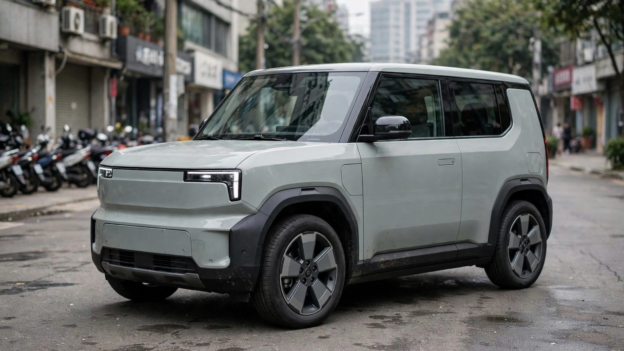 Ilustrasi SUV listrik kompak bergaya Honda 0 Alpha dengan bodi kotak dan buritan tegak di jalan kota.