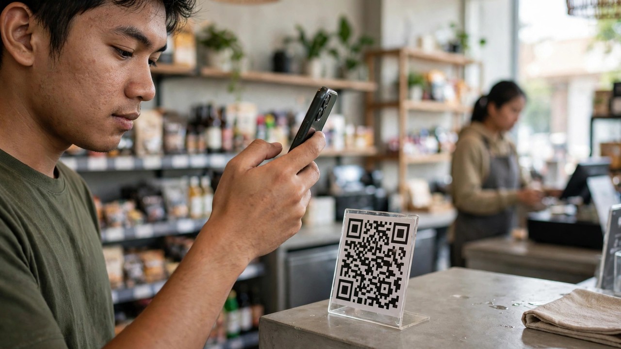 Seorang pembeli memindai papan kode QR di kasir sebuah kafe modern.