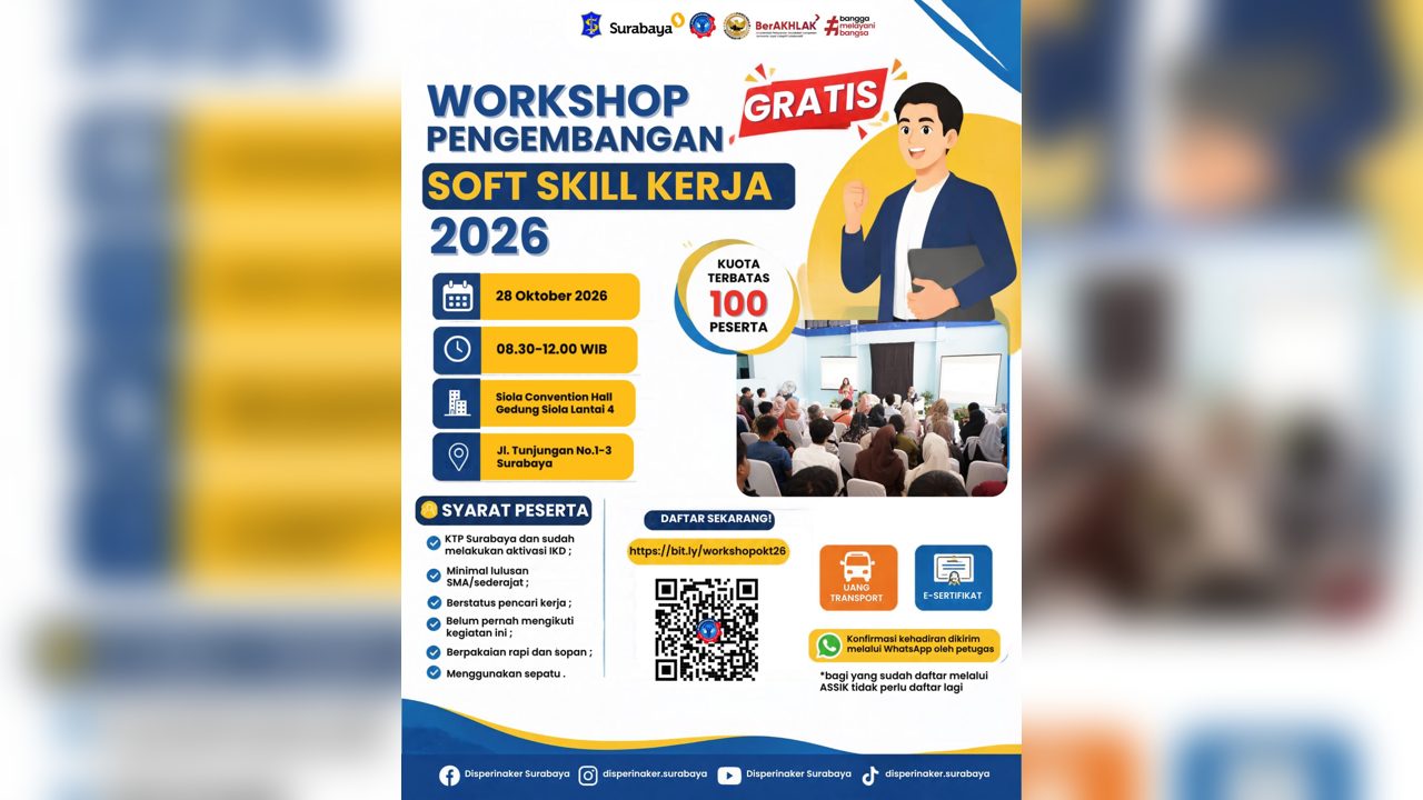Flyer Workshop Pengembangan Soft Skill Kerja 2026 gratis di Siola Convention Hall Surabaya pada 28 Oktober 2026
