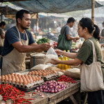 Ilustrasi suasana lapak pasar pagi, pedagang menyerahkan sekantong beras kepada pembeli di antara telur, minyak goreng, cabai dan bawang.