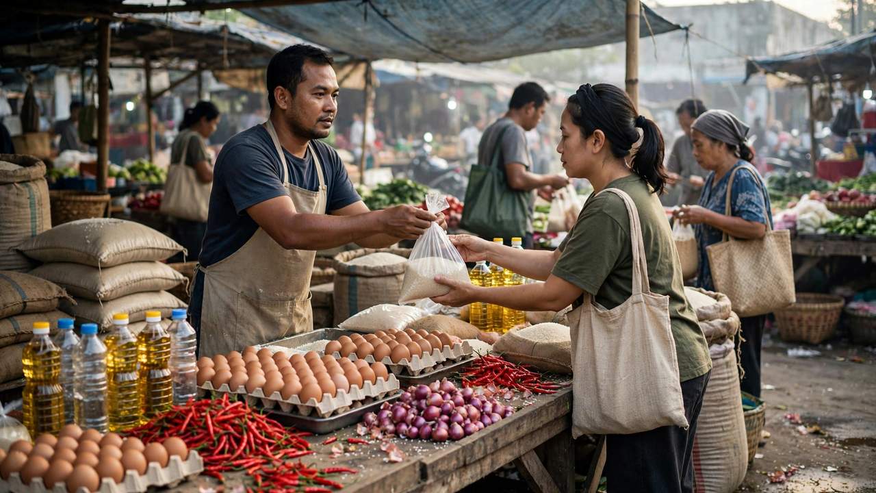 Ilustrasi suasana lapak pasar pagi, pedagang menyerahkan sekantong beras kepada pembeli di antara telur, minyak goreng, cabai dan bawang.