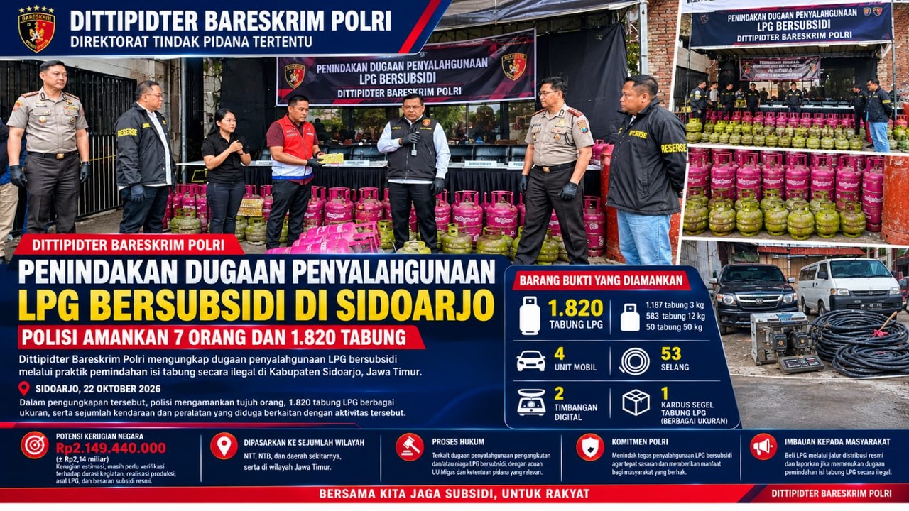 Ribuan tabung LPG yang disita Dittipidter Bareskrim Polri dalam penggerebekan di Sidoarjo