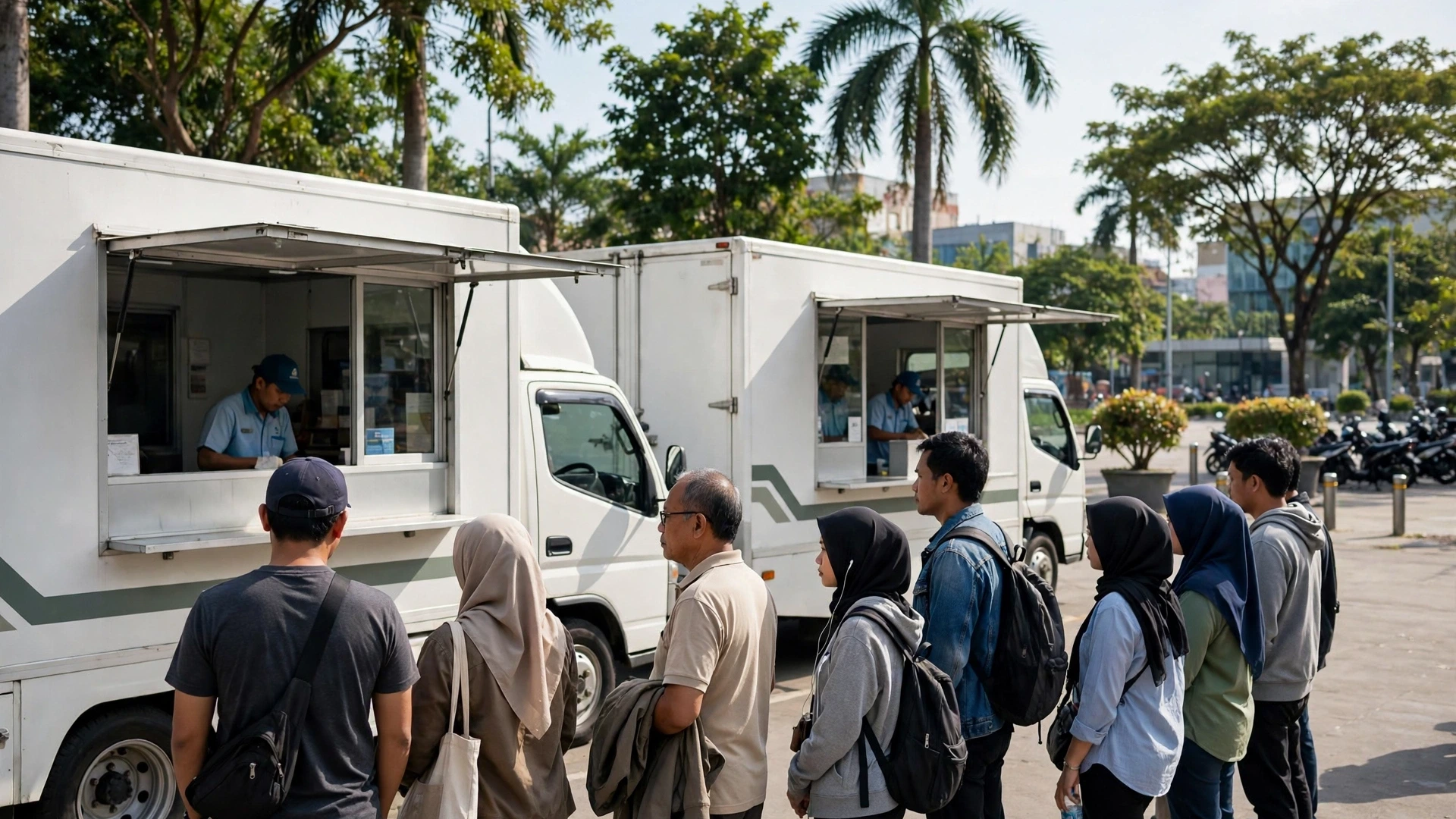 Warga mengantre di depan mobil layanan Samsat dan SIM keliling di Surabaya