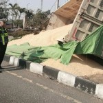 Truk tronton bermuatan jagung terguling di Simpang 3 Bypass Balongbendo Sidoarjo, muatan jagung tumpah ke jalan.