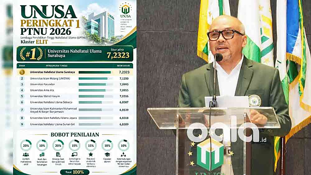 Grafis Unusa peringkat pertama PTNU 2026 dan Rektor Unusa Prof Tri Yogi Yuwono