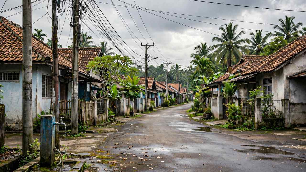 Ilustrasi jalan permukiman dengan tiang listrik dan keran air di pagi yang berawan