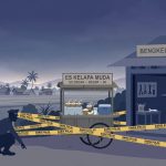 Ilustrasi lapak es kelapa muda di Waru yang dipagari garis polisi saat subuh
