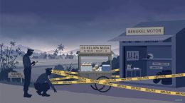 Ilustrasi lapak es kelapa muda di Waru yang dipagari garis polisi saat subuh