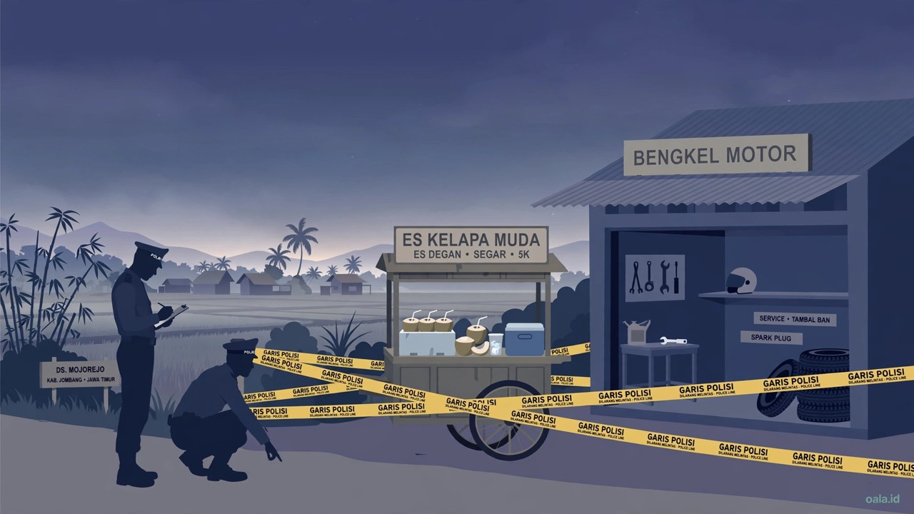 Ilustrasi lapak es kelapa muda di Waru yang dipagari garis polisi saat subuh