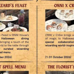 Poster menu bertema dunia sihir ONNI Wizarding House Surabaya untuk Halloween 2026.