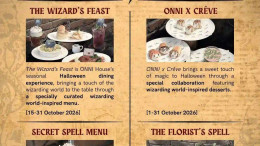 Poster menu bertema dunia sihir ONNI Wizarding House Surabaya untuk Halloween 2026.