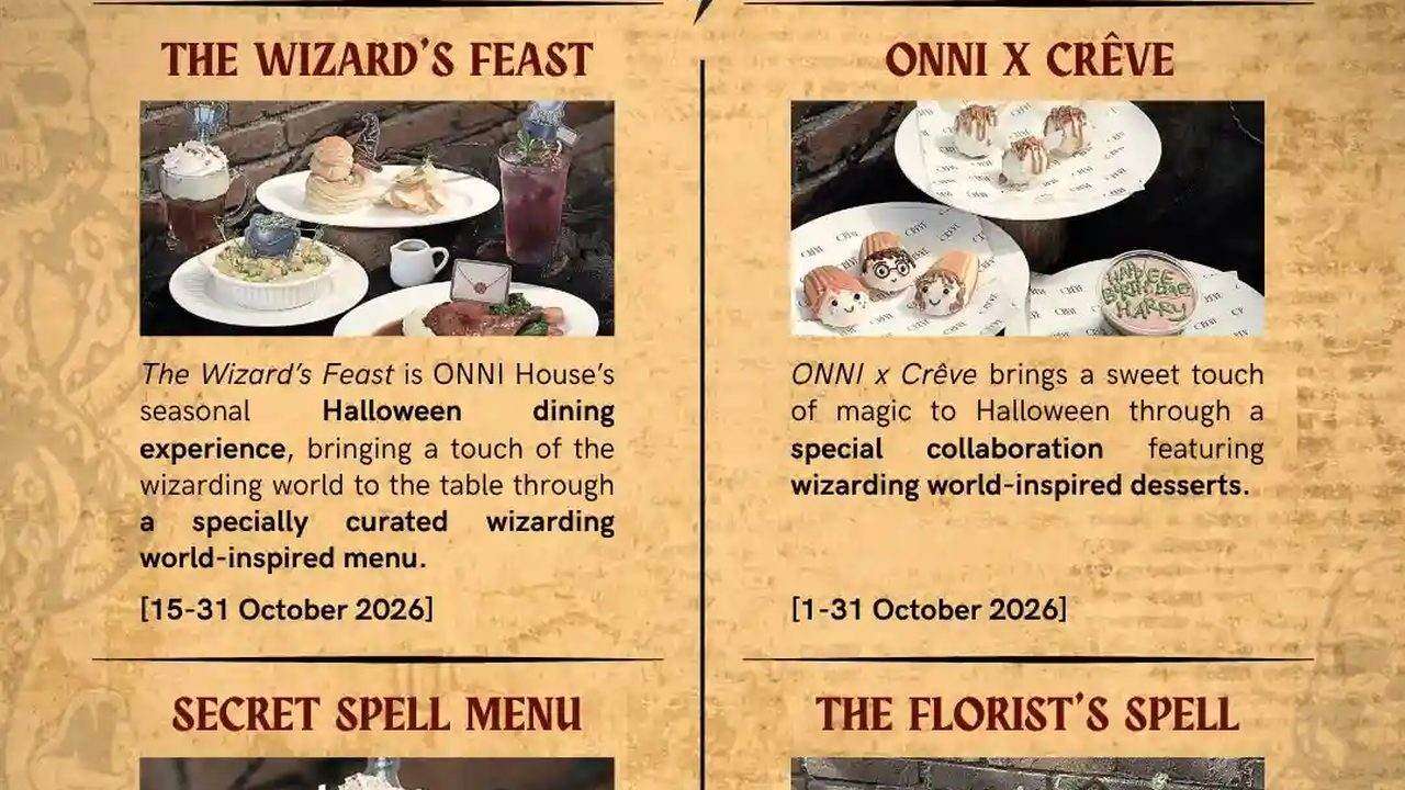 Poster menu bertema dunia sihir ONNI Wizarding House Surabaya untuk Halloween 2026.