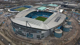 Stadion Etihad, markas Manchester City di Manchester, dari udara.